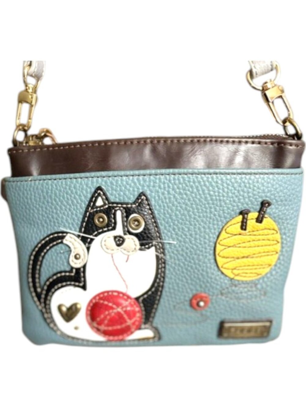 Chala "Fat Cat" Mini Vegan Yarn Crossbody - Blue/Brown - 8"W x 6"H x 0.5"D